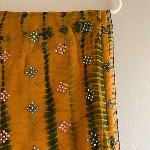 Mustard Yellow Shibori Tie Dye Saree Orange Green Chiffon Indian Sari - Picture 8 of 15